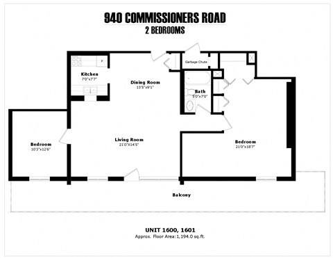 Floor plan for 2 beds, 1 bath, 945 sqft